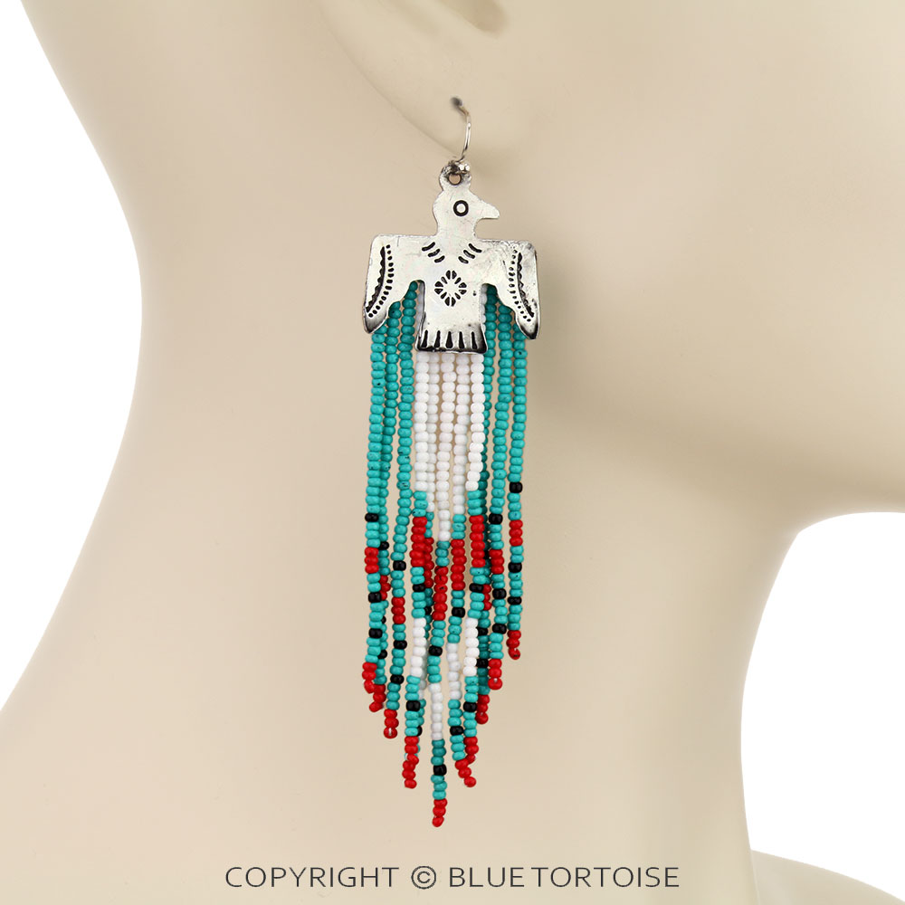 3.5" Western Seed Bead with Metal Thunderbird Dangle Earrings - Image 2