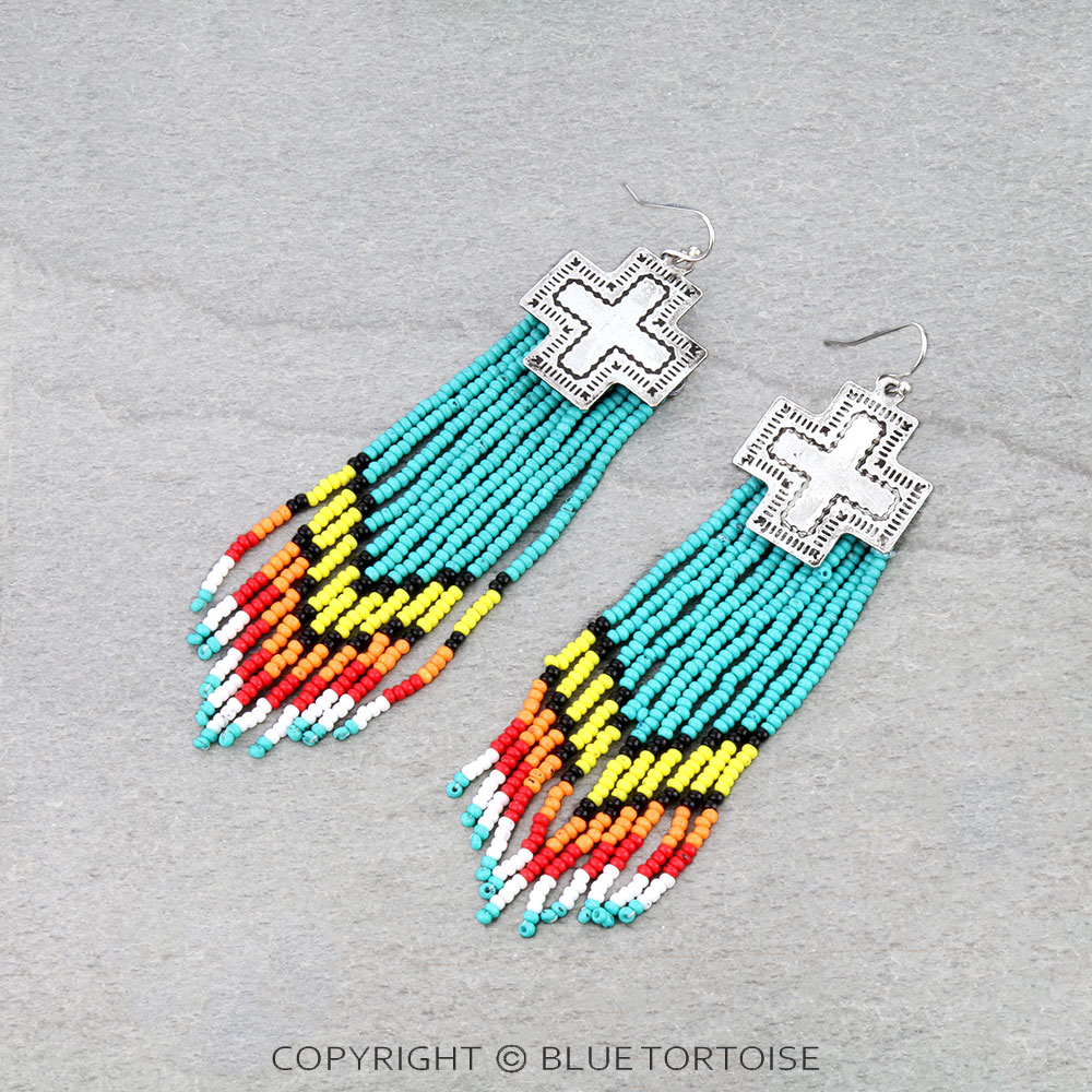 3.5" Western Seed Bead with Metal Cross Dangle Earrings