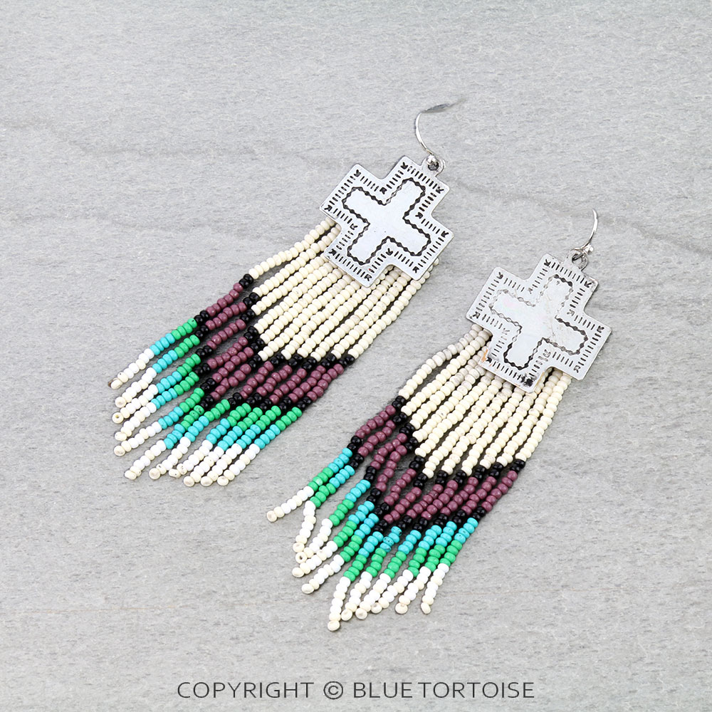 3.5" Western Seed Bead with Metal Cross Dangle Earrings