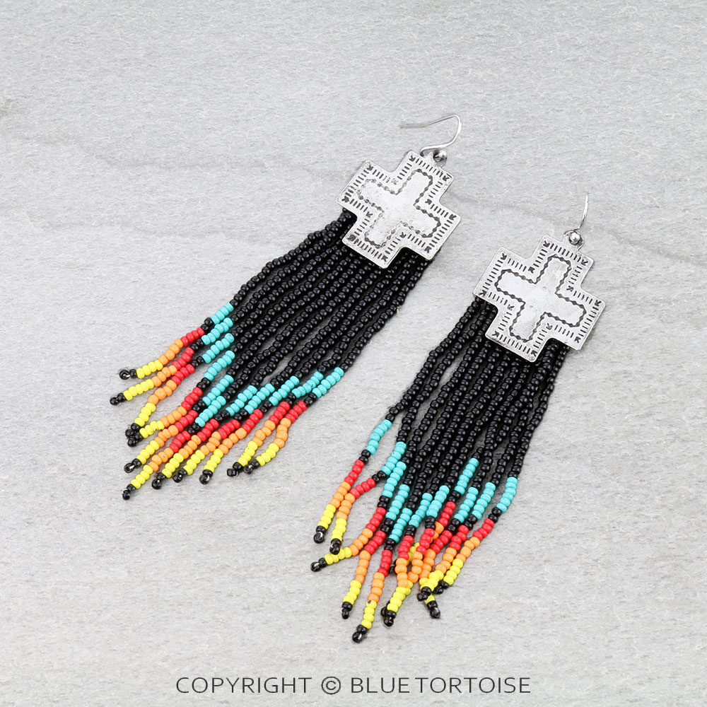 3.5" Western Seed Bead with Metal Cross Dangle Earrings