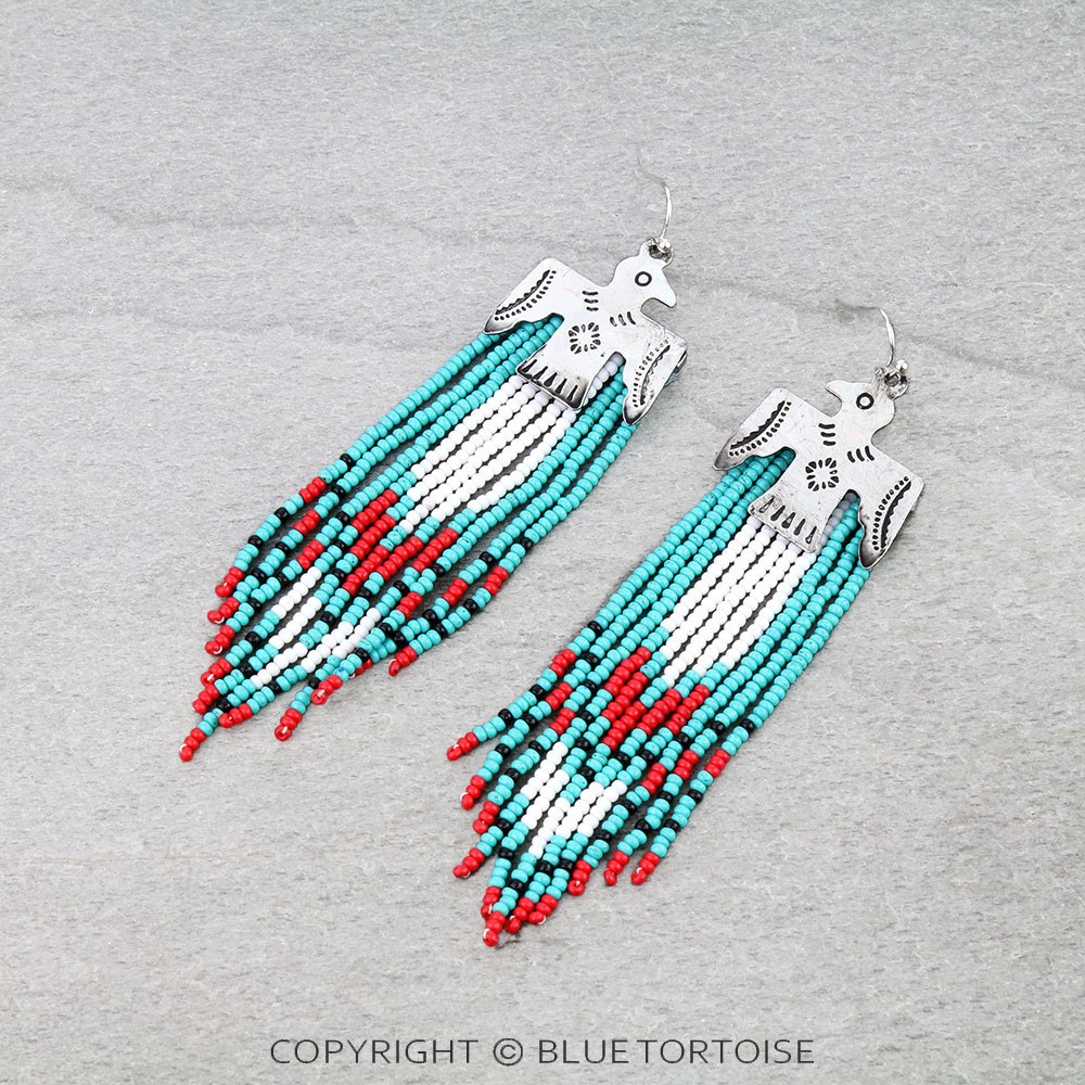 3.5" Western Seed Bead with Metal Thunderbird Dangle Earrings