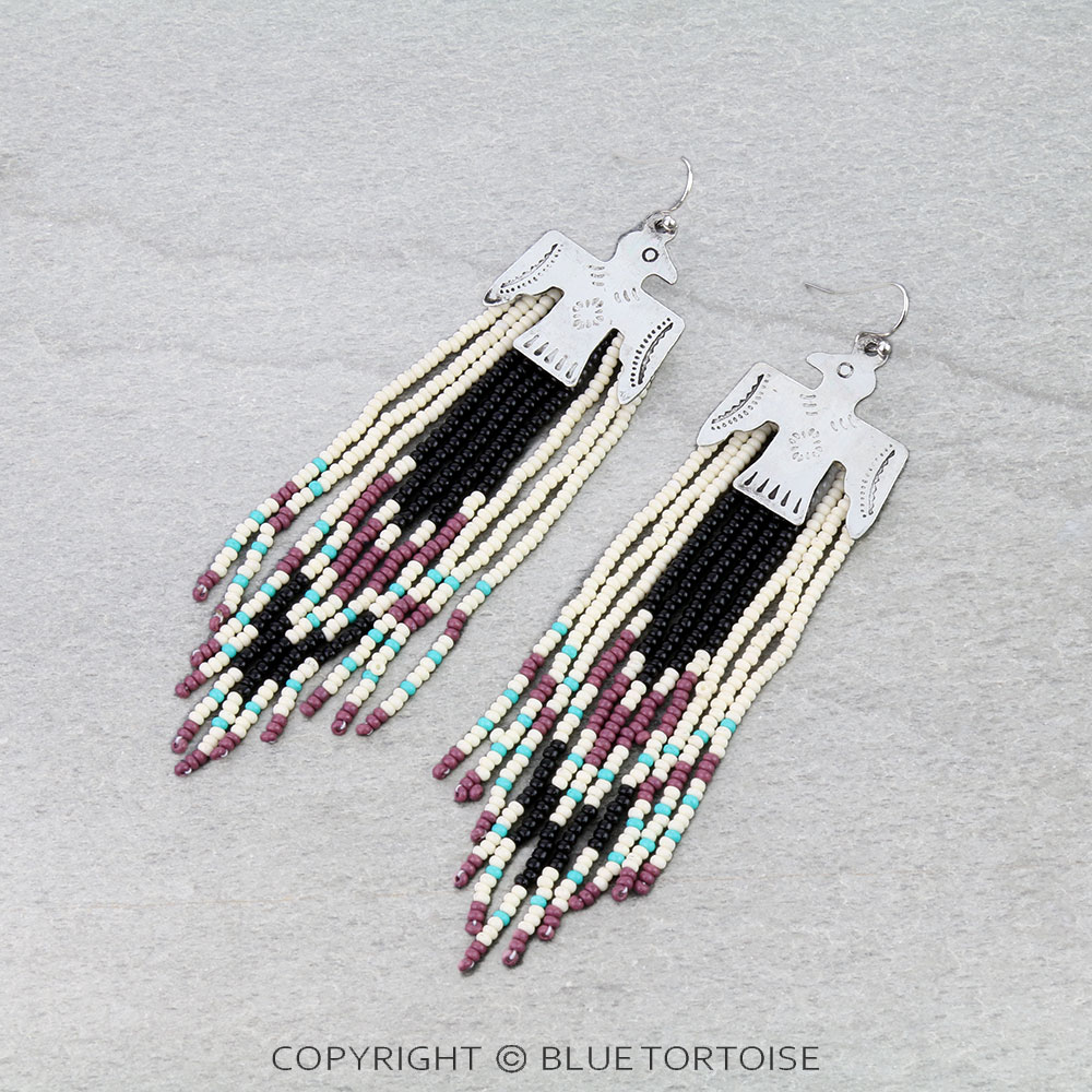 3.5" Western Seed Bead with Metal Thunderbird Dangle Earrings