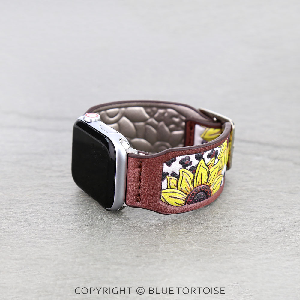Western Sunflower Tooled Leather Apple Watch Band - Image 2