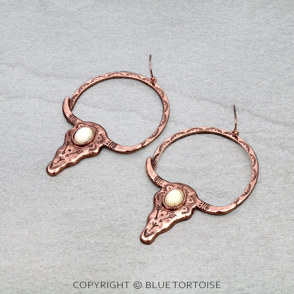 Western Steer Skull Stone Round Dangle Earrings