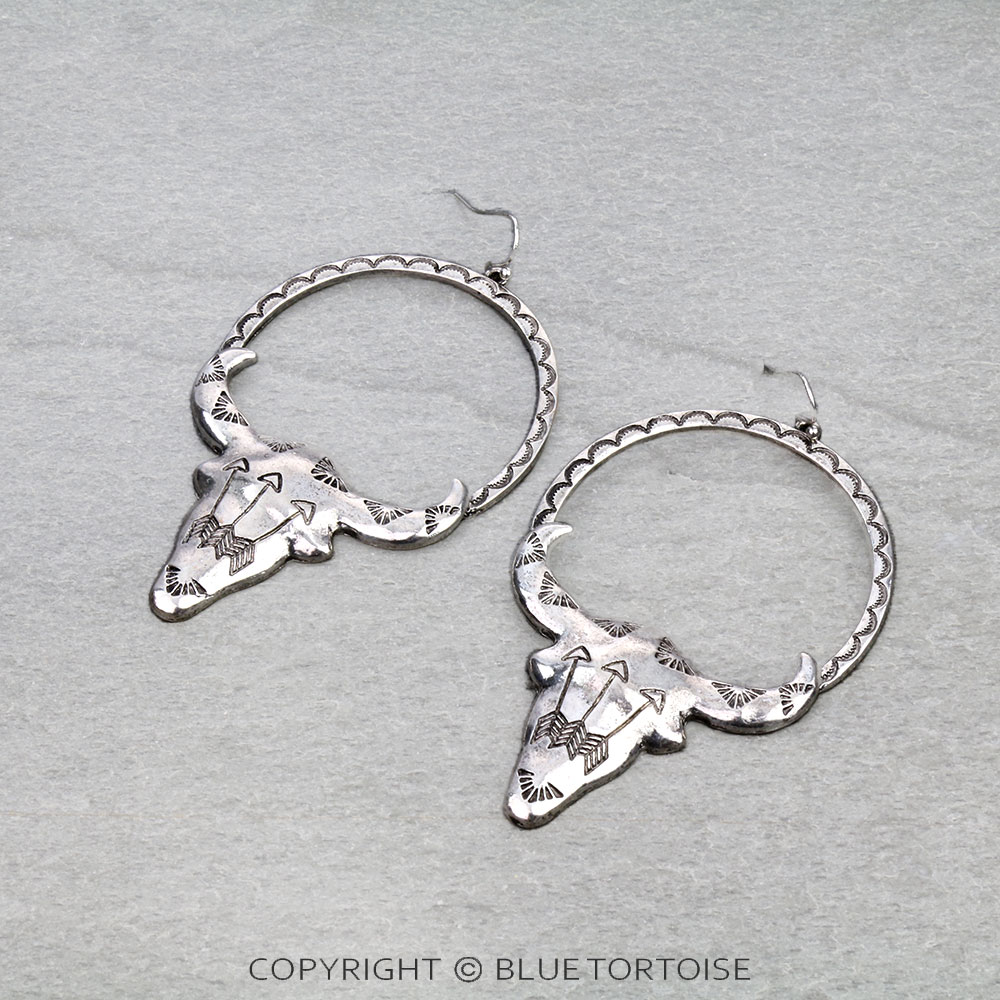 Western Steer Skull Round Dangle Earrings