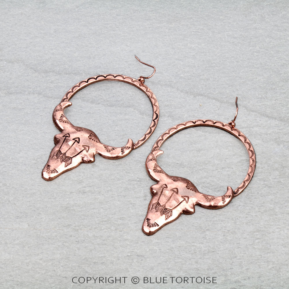 Western Steer Skull Round Dangle Earrings