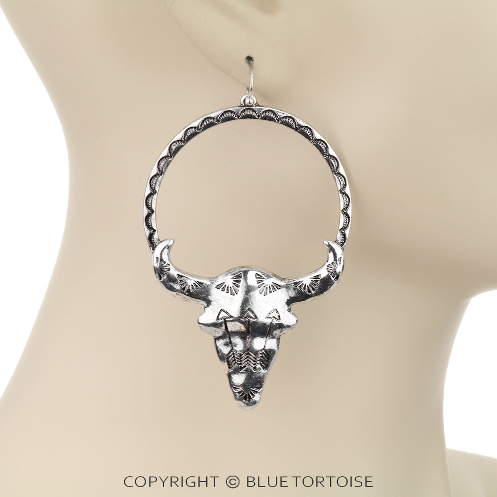 Western Steer Skull Round Dangle Earrings - Image 2
