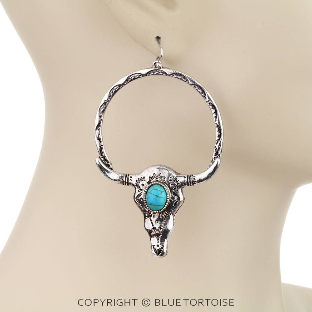 Western Steer Skull Stone Round Dangle Earrings - Image 2