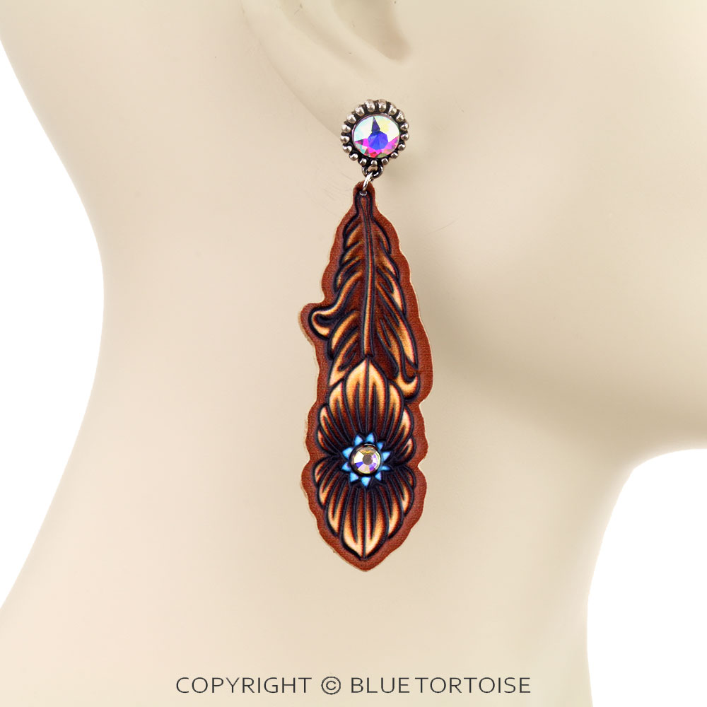 Tooled Leather Feather Stone Stud Earrings - Image 2
