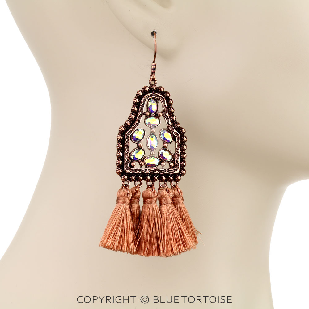 Western Ear Tag Stone with Tassel Dangle Earrings - Image 2