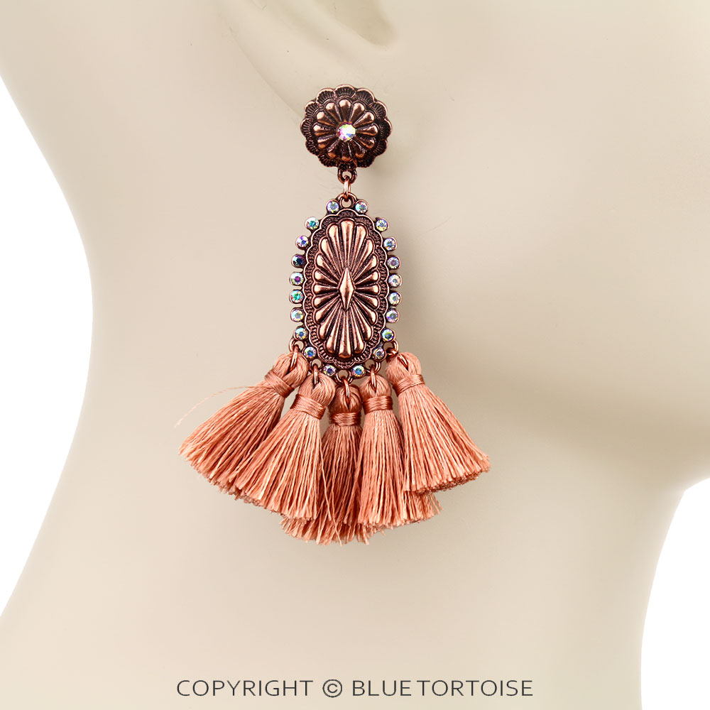 Western Concho Stone with Tassel Stud Earrings - Image 2
