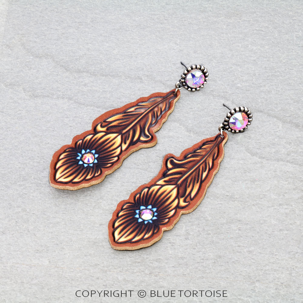 Tooled Leather Feather Stone Stud Earrings