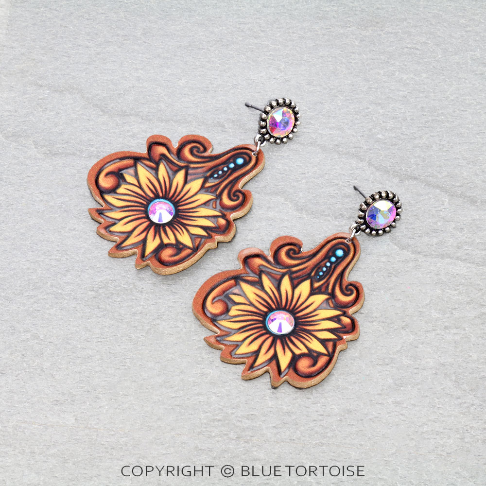 Tooled Leather Sunflower Stone Stud Earrings