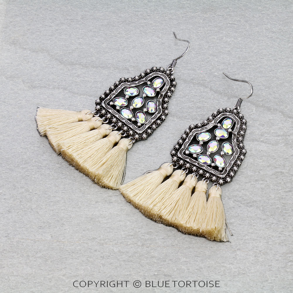 Western Ear Tag Stone with Tassel Dangle Earrings