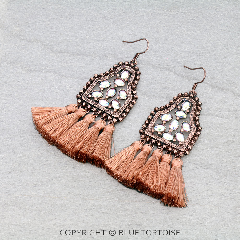 Western Ear Tag Stone with Tassel Dangle Earrings