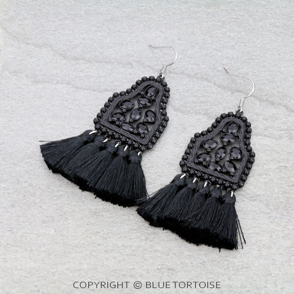 Western Ear Tag Stone with Tassel Dangle Earrings