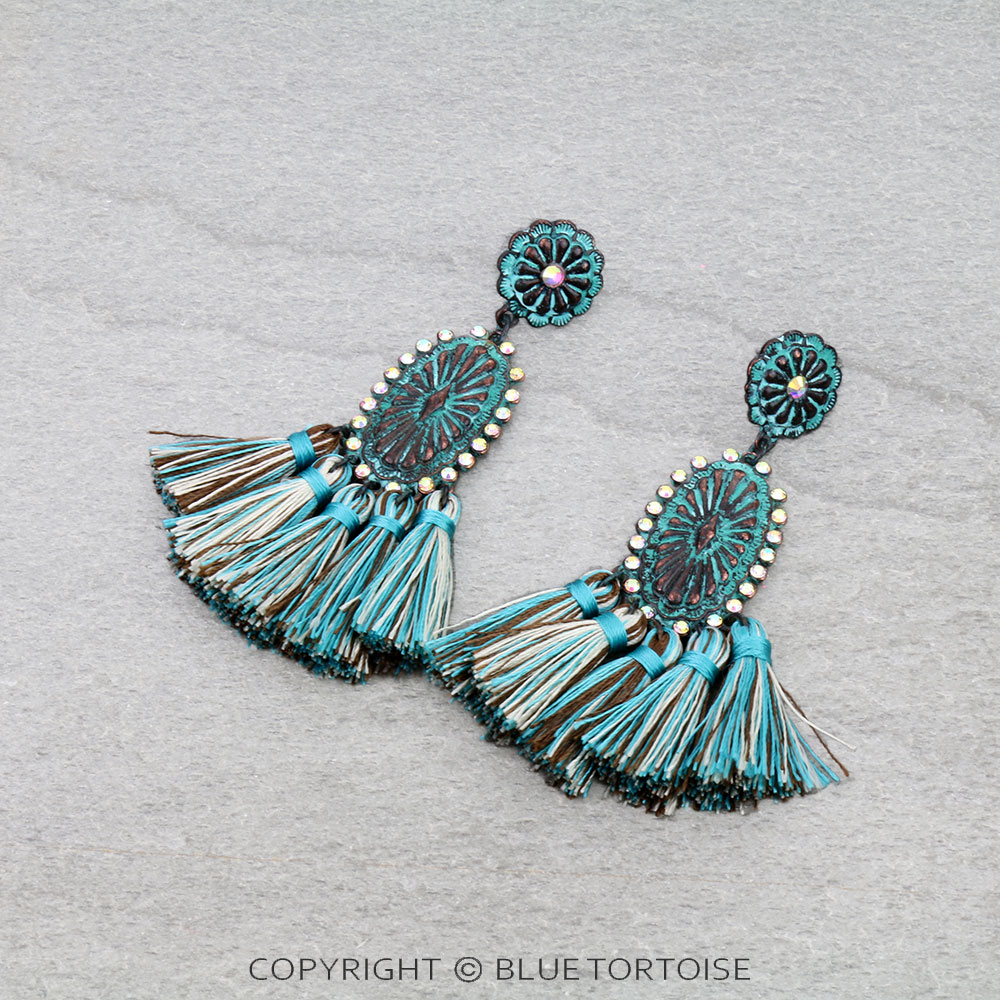 Western Concho Stone with Tassel Stud Earrings