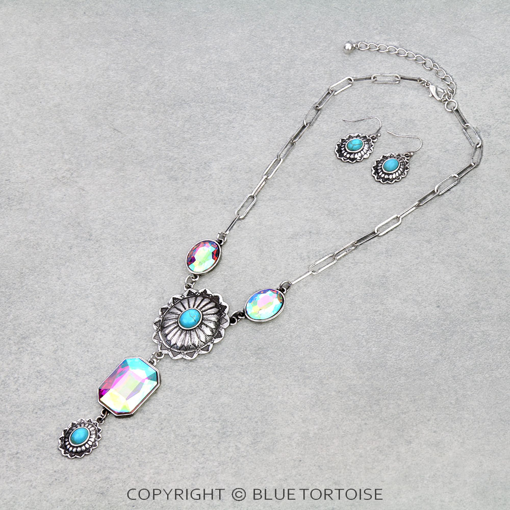 Western Concho Stone Y Necklace Set