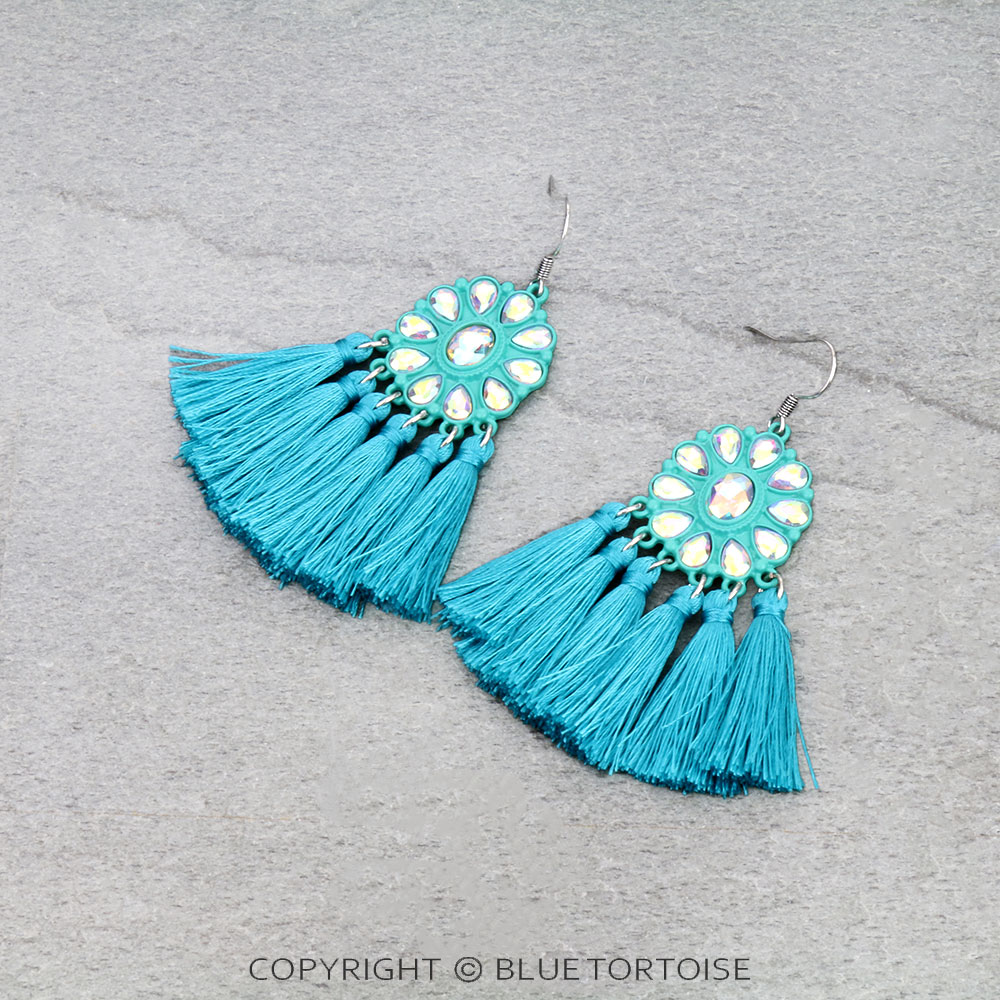 Western Concho Stone with Tassel Dangle Earrings