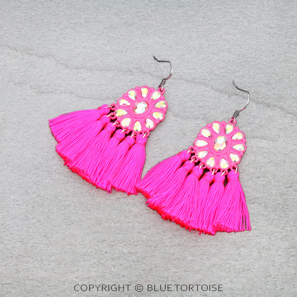 Western Concho Stone with Tassel Dangle Earrings