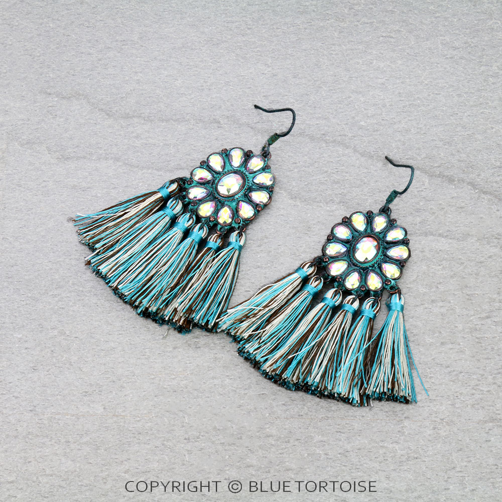 Western Concho Stone with Tassel Dangle Earrings