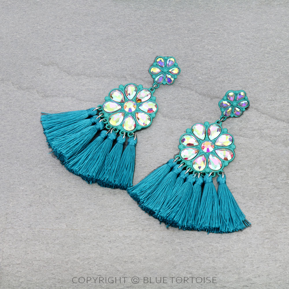 Western Flower Concho Stone with Tassel Stud Earrings