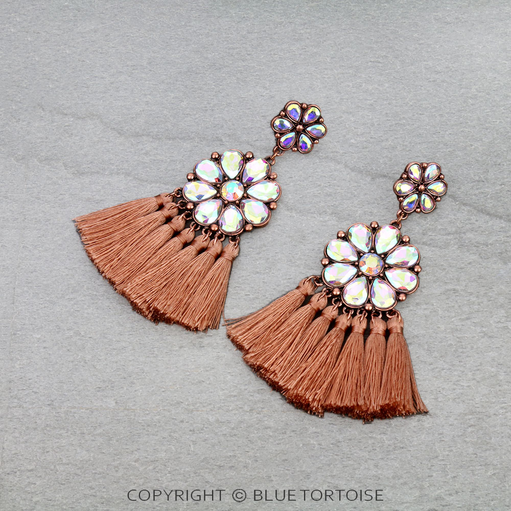 Western Flower Concho Stone with Tassel Stud Earrings