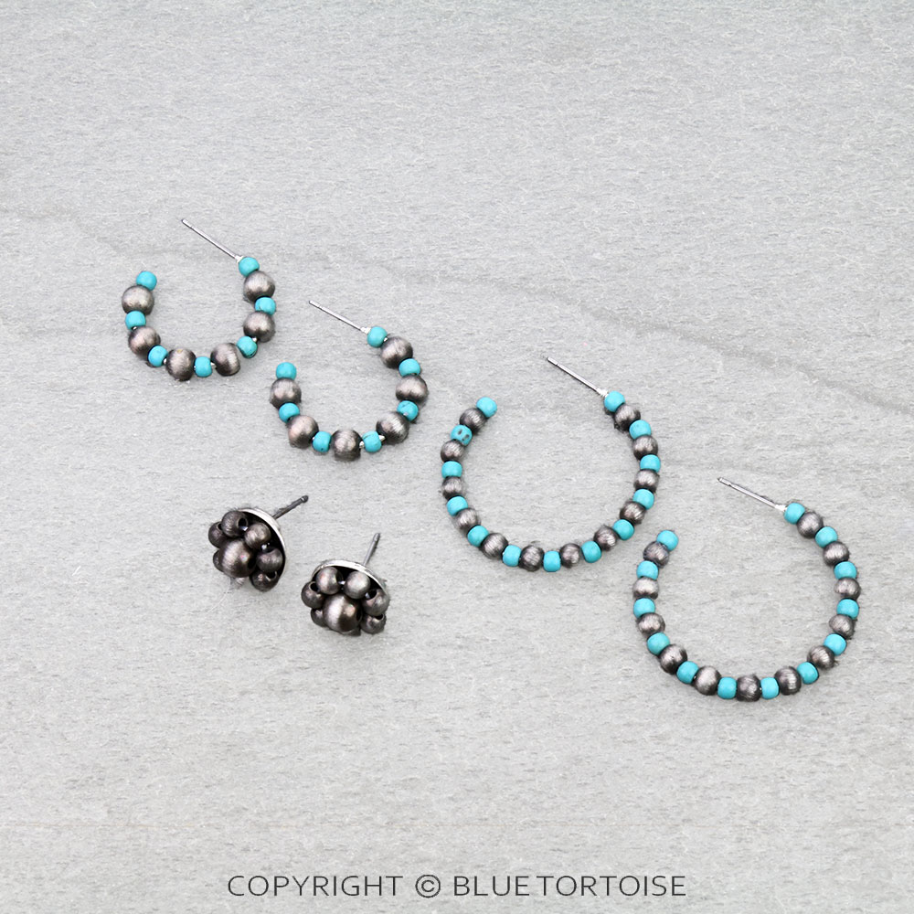 3 Pair Navajo Style Pearl & Bead Earring Set
