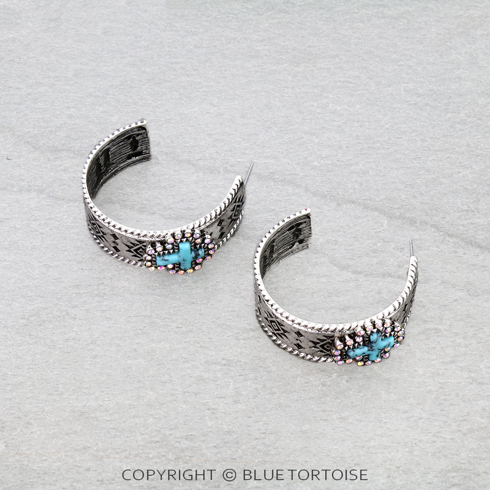 Western Aztec Pattern Cross Stone Hoop Earrings