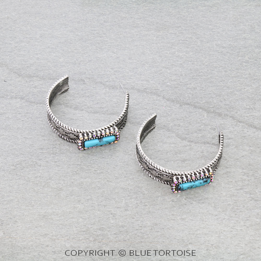 Western Aztec Pattern Rectangle Stone Hoop Earrings