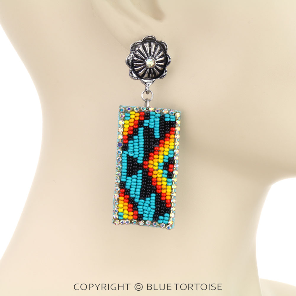 Western Rectangle Seed Bead with Concho Stud Earrings - Image 2