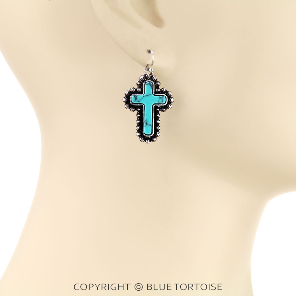 Western Cross Stone with Ball TXR Dangle Earrings - Image 2