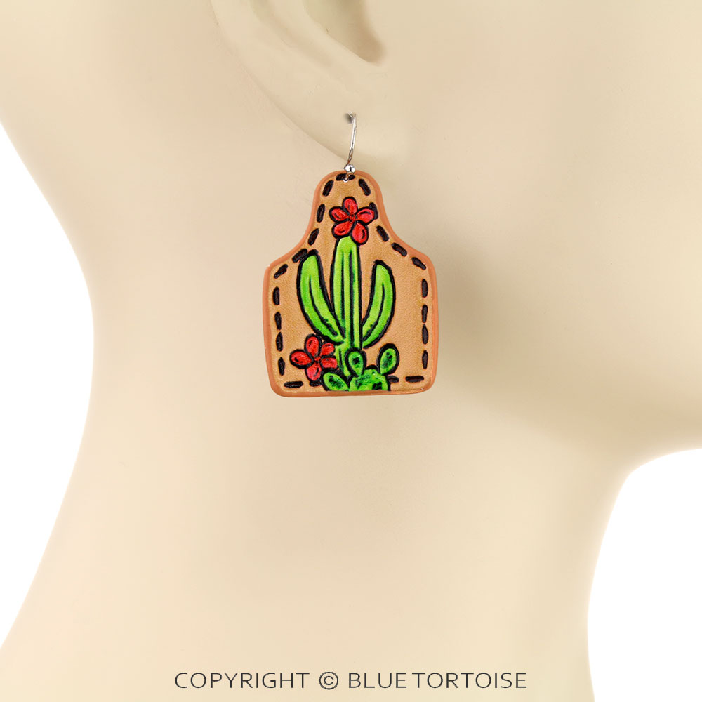 Western Cactus Tooled Leather Ear Tag Dangle Earrings - Image 2