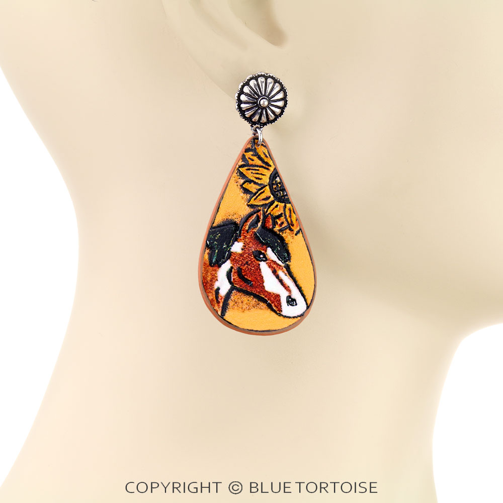 Western Horse Tooled Leather Teardrop Stud Earrings - Image 2