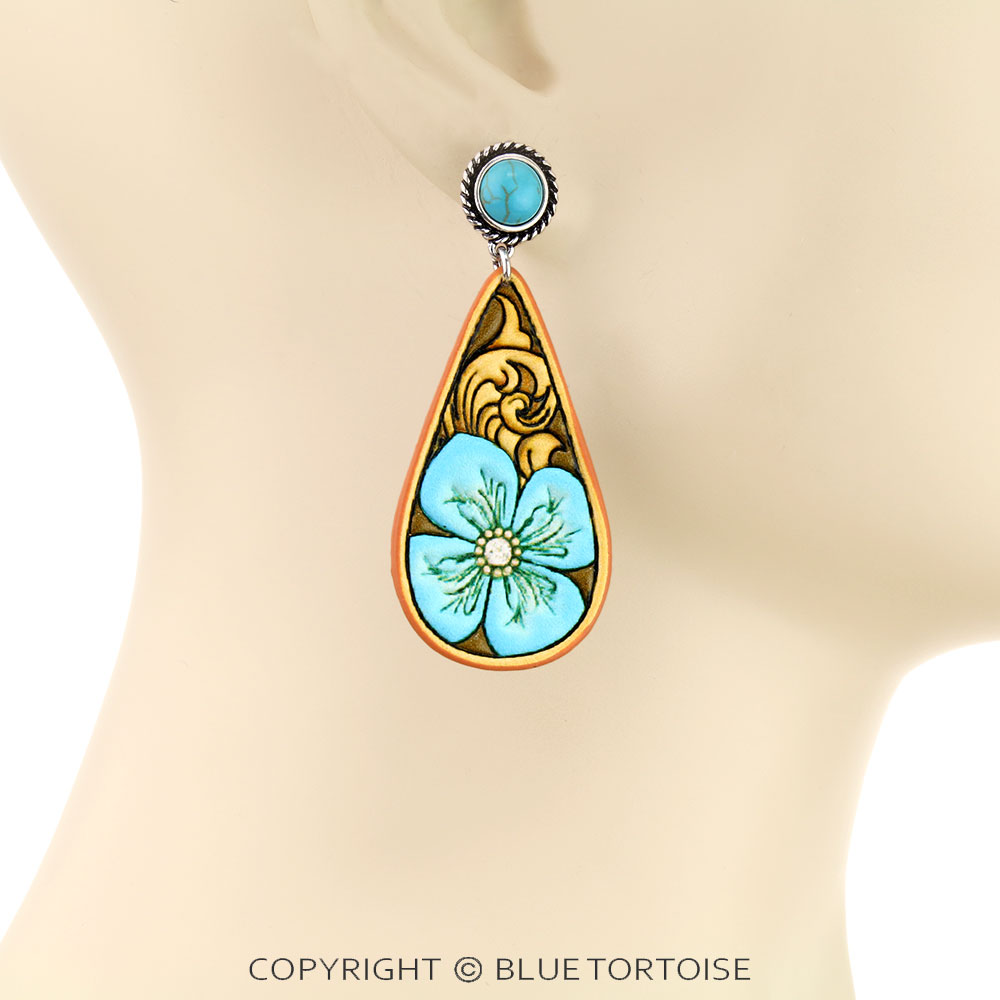 Western Flower Tooled Leather Teardrop Stud Earrings - Image 2