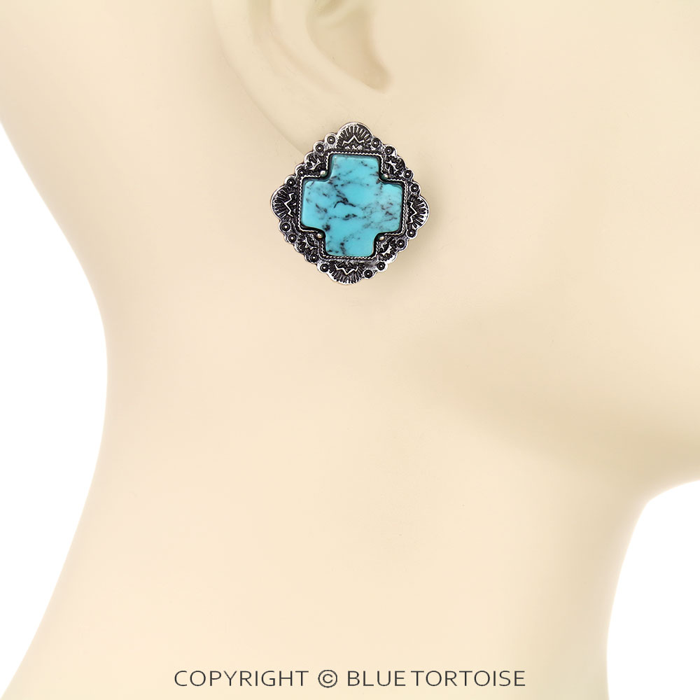 Western Cross Hand Stone Stud Earrings - Image 2