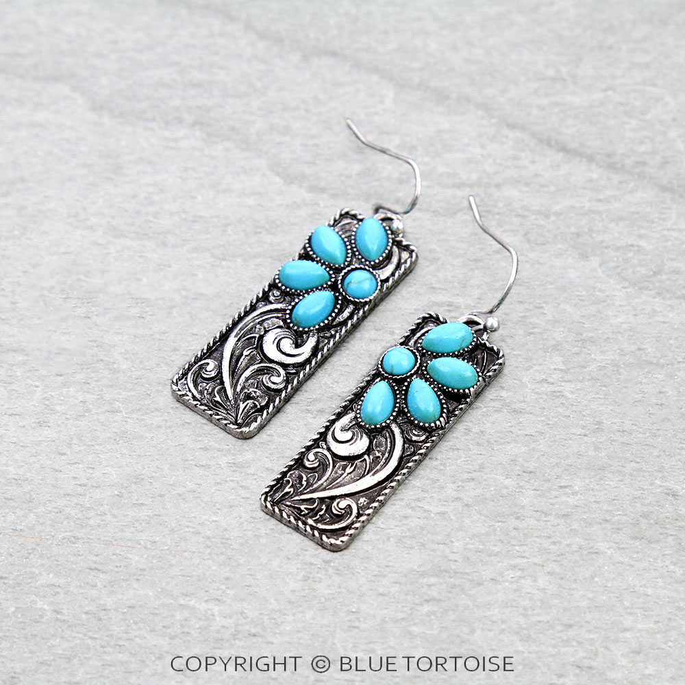 Western Filigree Rectangle with Stone Dangle Earrings