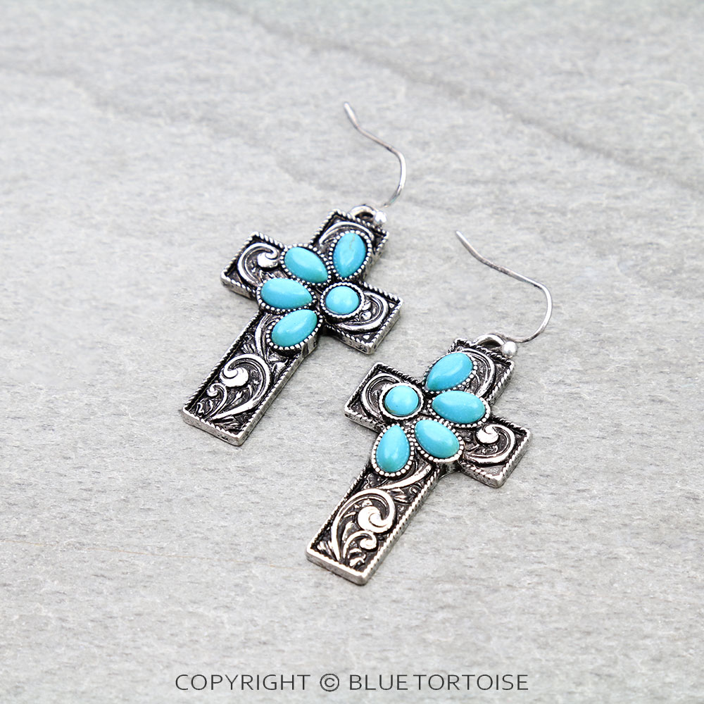 Western Filigree Cross with Stone Dangle Earrings