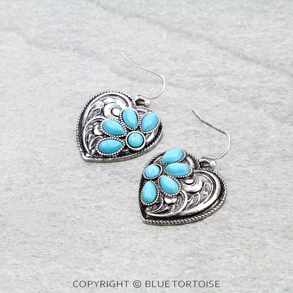 Western Filigree Heart with Stone Dangle Earrings - Image 3