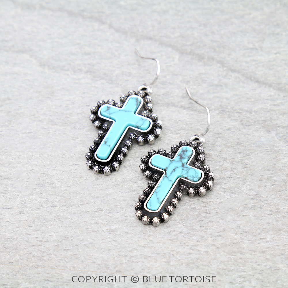 Western Cross Stone with Ball TXR Dangle Earrings