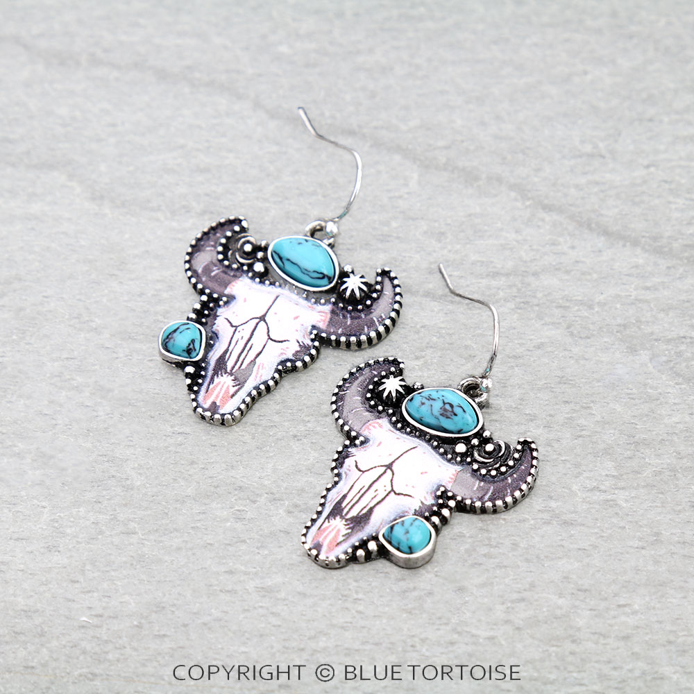 Western Steer Skull Printed Stone Dangle Earrings