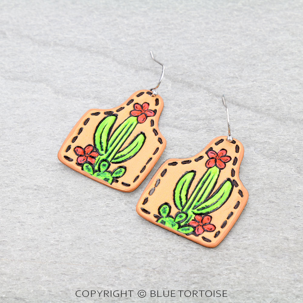 Western Cactus Tooled Leather Ear Tag Dangle Earrings