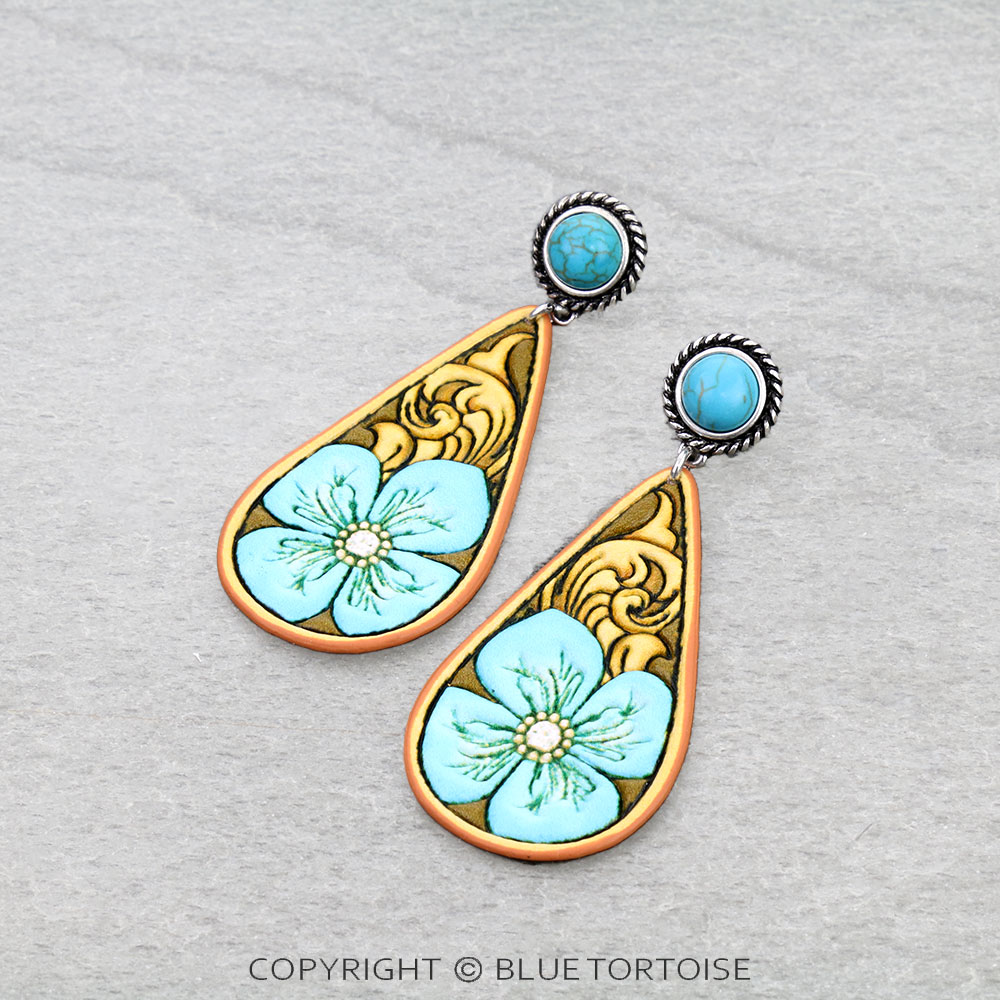 Western Flower Tooled Leather Teardrop Stud Earrings