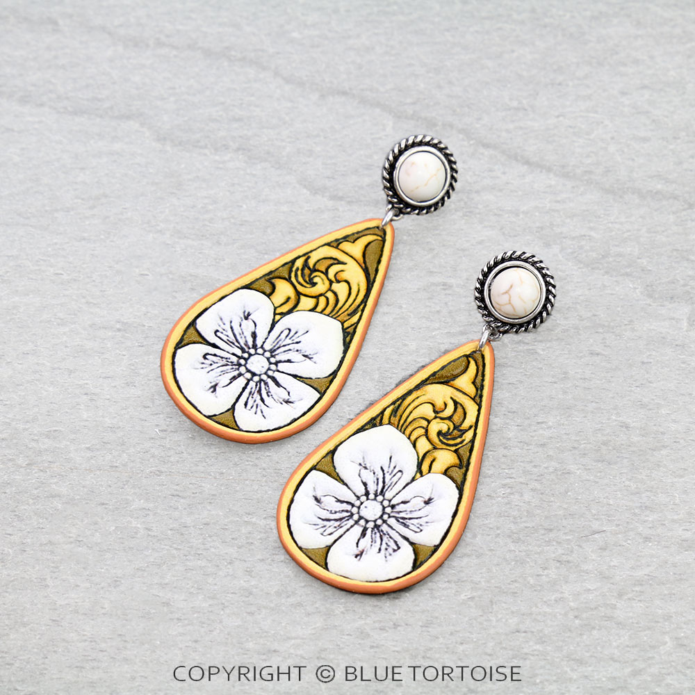 Western Flower Tooled Leather Teardrop Stud Earrings