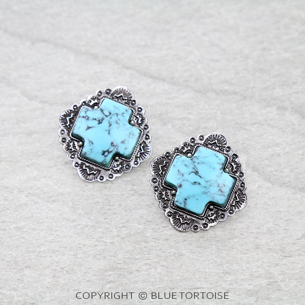 Western Cross Hand Stone Stud Earrings