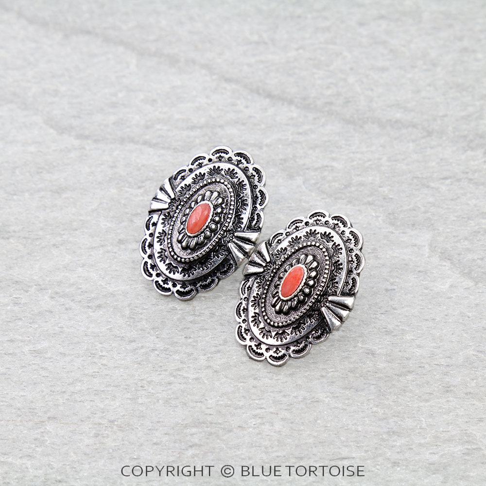 Western Concho Stone Stud Earrings