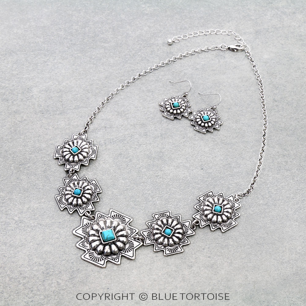 Western Aztec Concho Stone Necklace Set