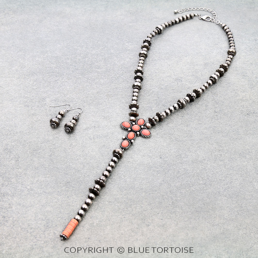 Navajo Style Pearl with Cross Stone Y Necklace Set