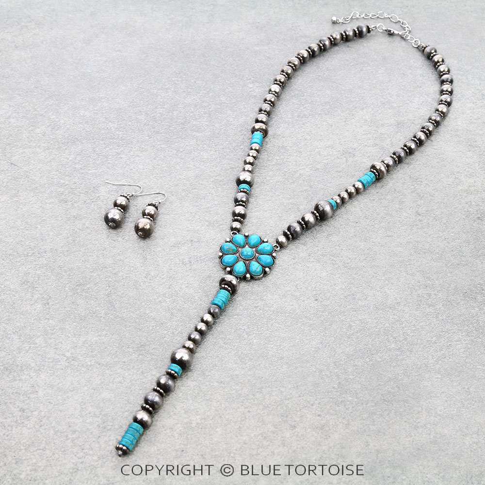 Navajo Style Pearl with Concho Stone Y Necklace Set