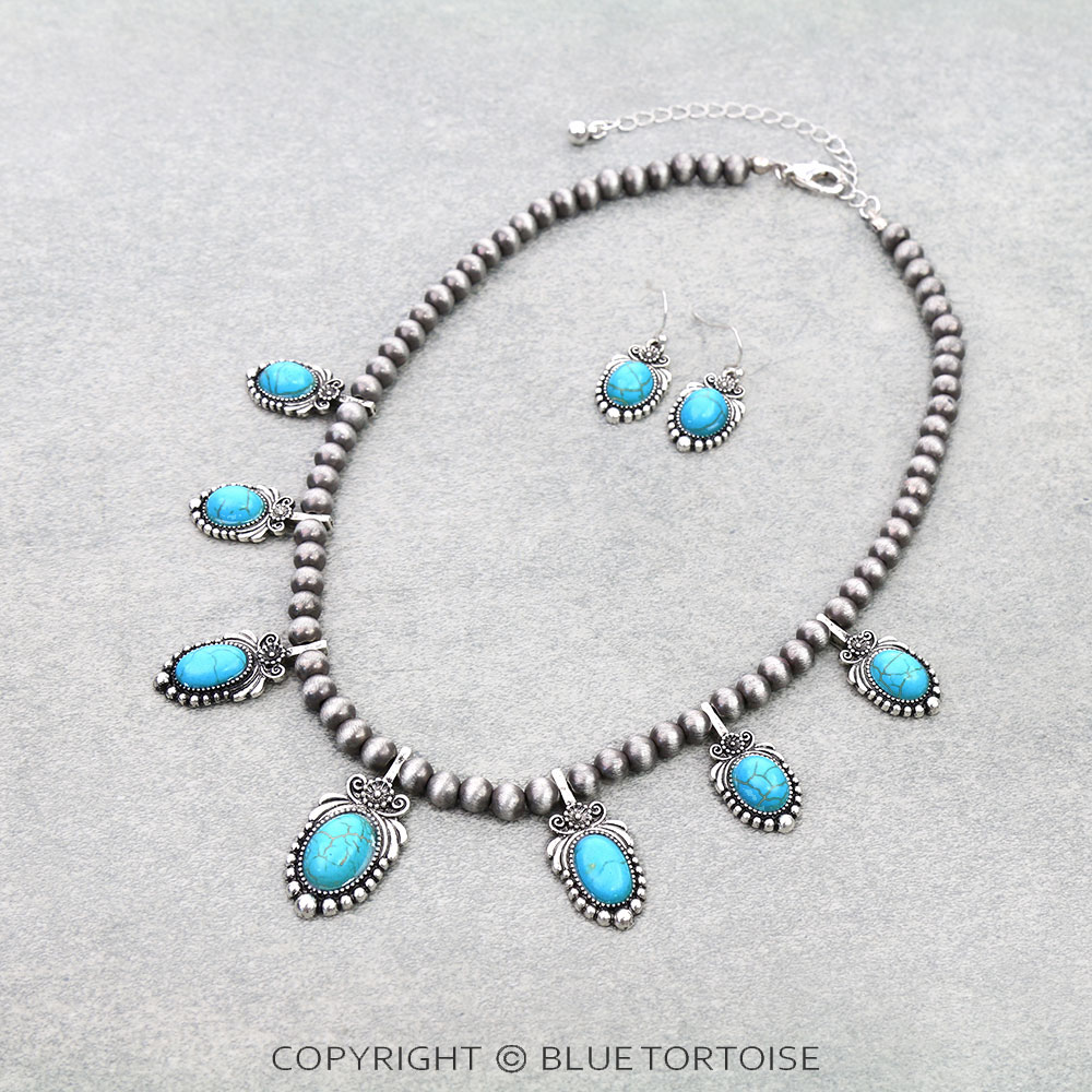 Navajo Style Pearl with Stone Necklace Set